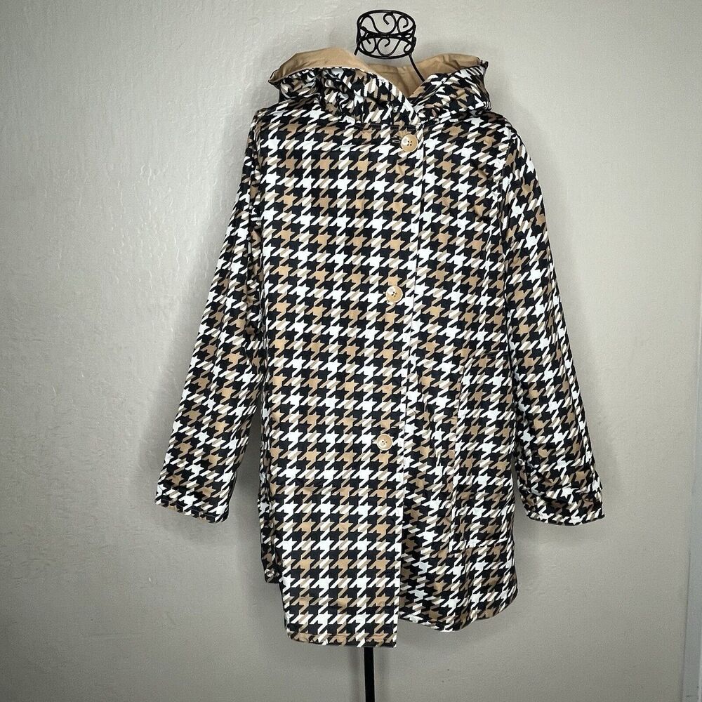Jessica London  Reversible Houndstooth Tan Hooded Raincoat Women’s Size 14 W